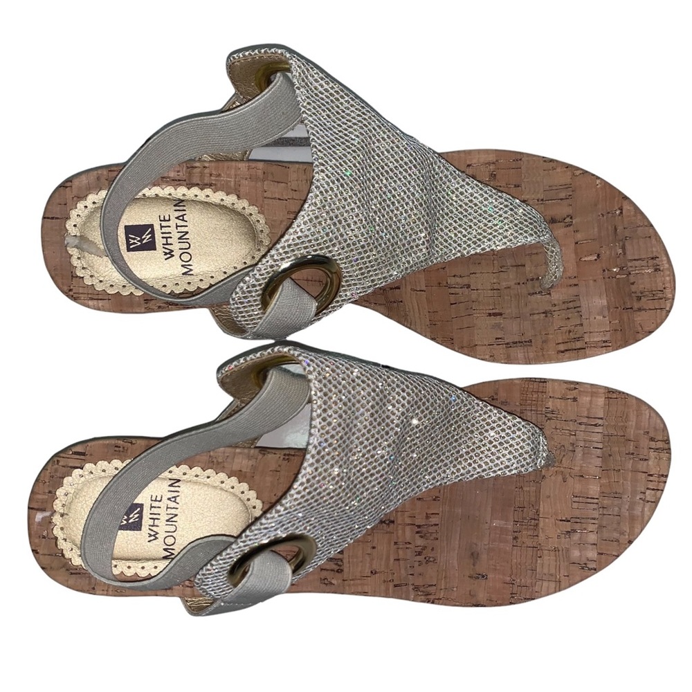 White Mountain Thong Sandals w/Adjustable Strap Sz 9 Shimmer Front 2” Cork Wedge
